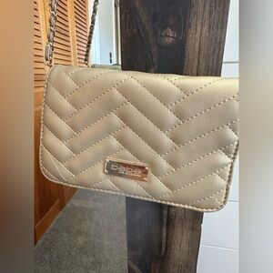 Bebe Quilted Wallet Crossbody Bag Gold Chain Strap Champagne